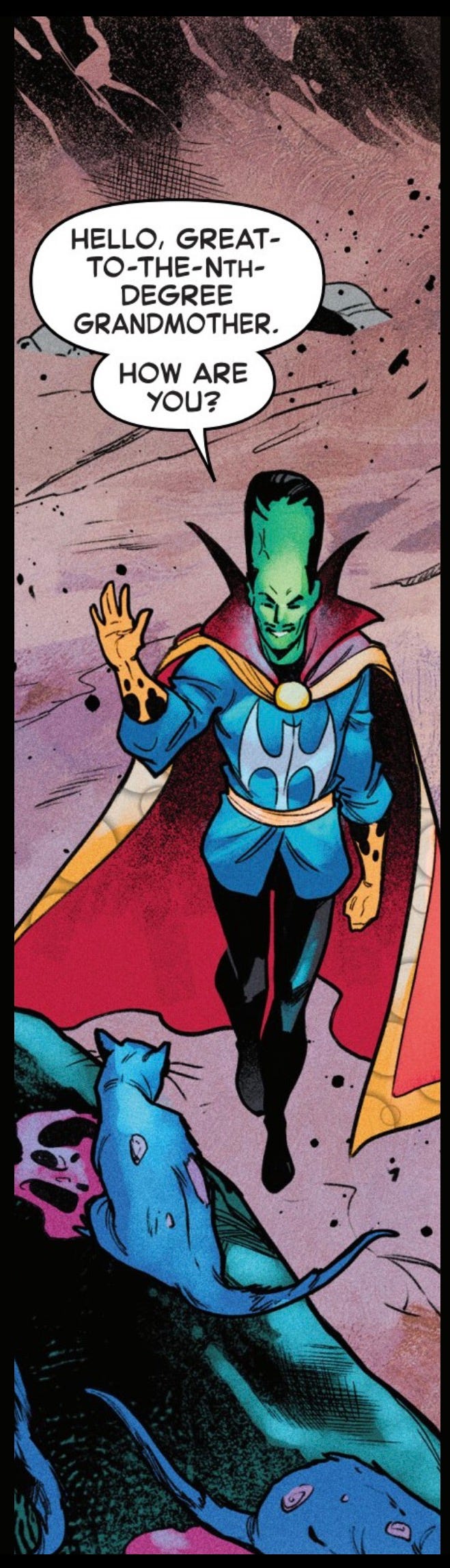 Comic panel from Hulk Smash Everything #2 showing the Leader greeting a small mammal survivor of the Chicxulub extinction event. The Leader raises his hand and says, “Hello, great-to-the-nth-degree grandmother. How are you?” The scene plays on the idea that tiny post-impact mammals were part of the ancestral population from which modern placental mammals, primates, and eventually humans evolved.