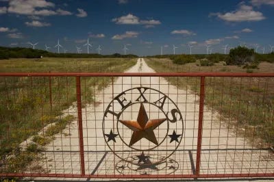 Metal gate with Texas logo and star with wide open field with white wind turbines behind it.