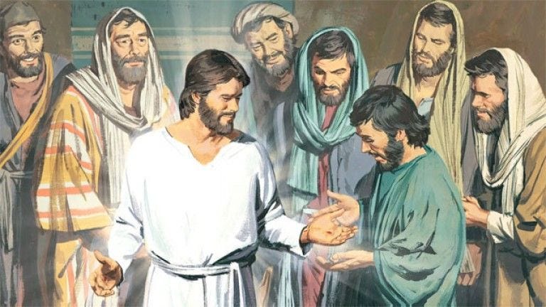 An illustration of the 20th chapter of the Book of John showing a well-groomed Jesus showing the slight wounds in his hands to his mirthful disciplesthe p An illustration of the 20th chapter of the Book of John showing a well-groomed Jesus showing the slight wounds in his hands to his mirthful disciplesthe p