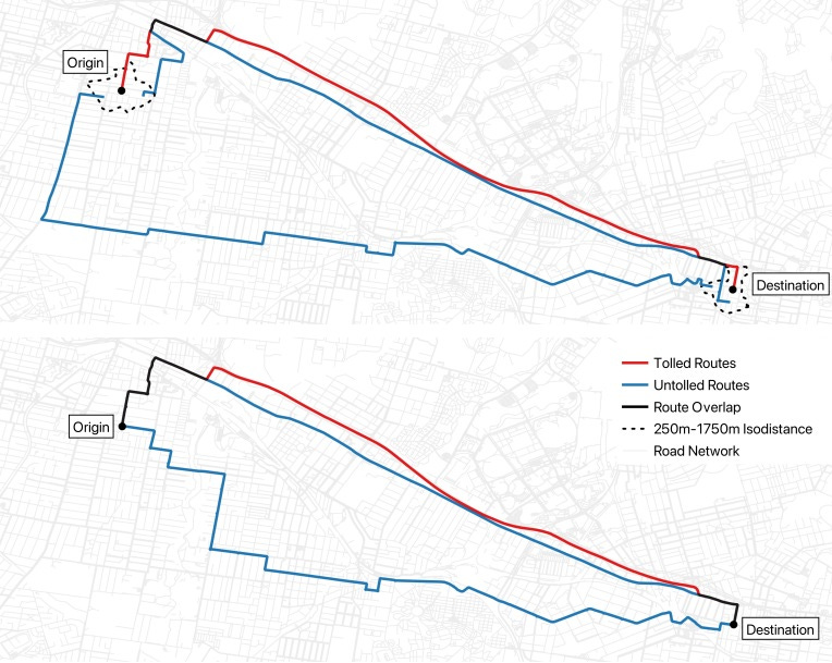 Figure 4: Route observation (top) and route generation (bottom) methods compared. The route ob- servation method defines isodistance zones around the trip’s start and end points. Alternate routes travelling between these zones constitute the route set, which includes both tolled and untolled routes. In contrast, the route generation method specifies alternative routes that originate and terminate at the exact same locations as the observed trip; however, these alternative routes may differ from those observed in the connected vehicle data. Figure 4: Route observation (top) and route generation (bottom) methods compared. The route ob- servation method defines isodistance zones around the trip’s start and end points. Alternate routes travelling between these zones constitute the route set, which includes both tolled and untolled routes. In contrast, the route generation method specifies alternative routes that originate and terminate at the exact same locations as the observed trip; however, these alternative routes may differ from those observed in the connected vehicle data.