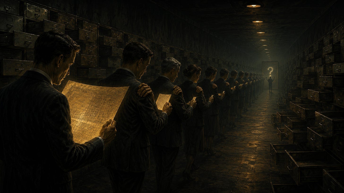 A long corridor lined with rows of slightly open, empty filing cabinets stretches into deep shadow. A chain of figures stands in sequence, each passing information to the next. The first person holds a large, glowing architectural blueprint filled with intricate detail. As the line progresses, the document becomes progressively smaller and simpler, shrinking from a blueprint to a paragraph, then a single sentence. At the far end of the corridor, barely visible in the darkness, the final figure holds only a large illuminated question mark. Warm amber light fades into charcoal shadows, creating a contemplative, painterly atmosphere. A long corridor lined with rows of slightly open, empty filing cabinets stretches into deep shadow. A chain of figures stands in sequence, each passing information to the next. The first person holds a large, glowing architectural blueprint filled with intricate detail. As the line progresses, the document becomes progressively smaller and simpler, shrinking from a blueprint to a paragraph, then a single sentence. At the far end of the corridor, barely visible in the darkness, the final figure holds only a large illuminated question mark. Warm amber light fades into charcoal shadows, creating a contemplative, painterly atmosphere.