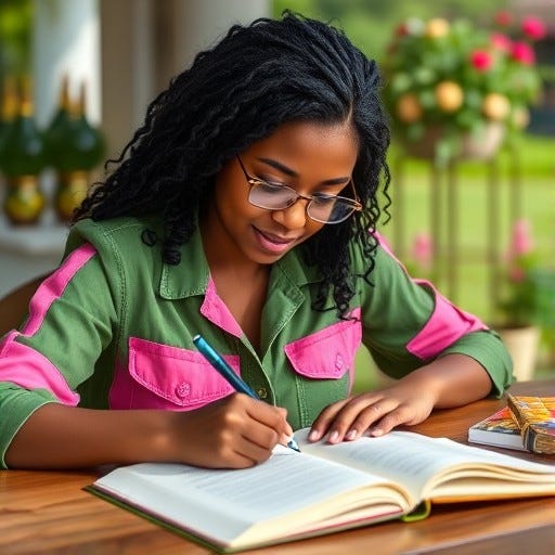 Young, youthful African American Woman wearing green and pink shirt with all black hair writing a letter in the summertime writing a letter on a book at a table