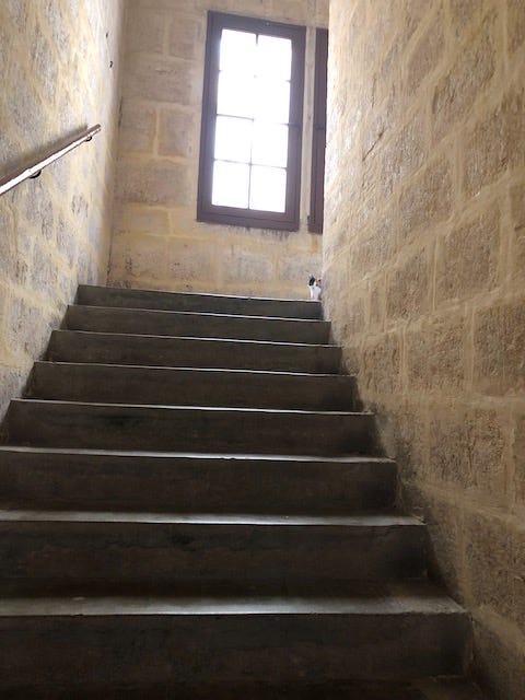 Four photos of medieval streets and buildings in Montpellier, France.