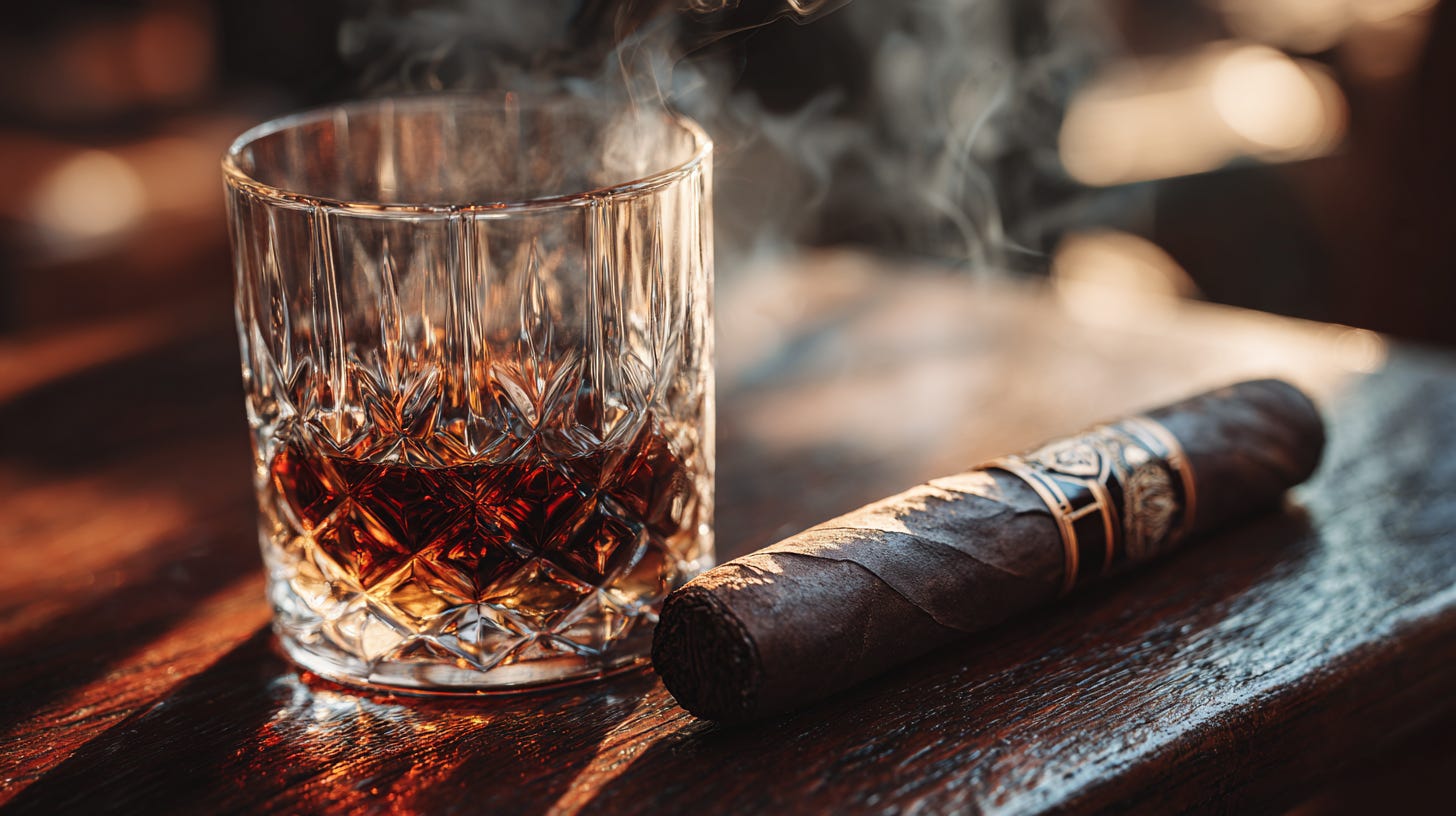 Maduro cigar and bourbon pairing on a wooden table with warm lighting Maduro cigar and bourbon pairing on a wooden table with warm lighting