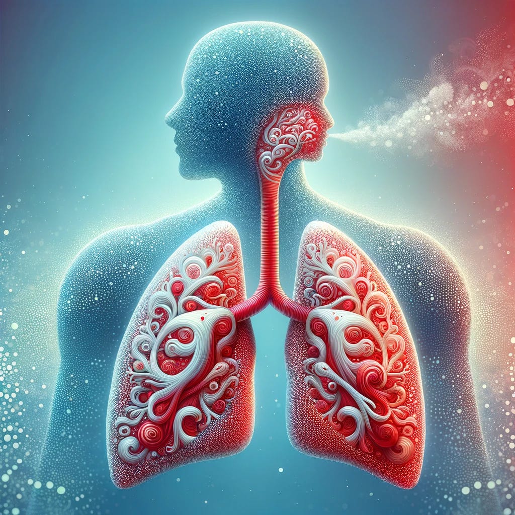 An abstract representation of eosinophilic asthma, featuring a silhouette of human lungs filled with swirling patterns of red and white, symbolizing inflammation and the accumulation of eosinophils. The background is a gradient of soothing blues to represent air and breath, with a few scattered white dots to illustrate the concept of air flow being obstructed by the condition. This image aims to convey the complexity and severity of eosinophilic asthma in a visually engaging manner, emphasizing the challenges in air flow and the targeted approach needed for treatment.