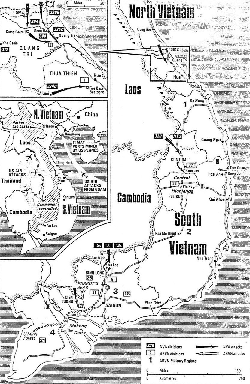 Black and white map of South Vietnam marking North Vietnamese attack arrows across the DMZ into Quang Tri, toward Kontum and toward An Loc. Black and white map of South Vietnam marking North Vietnamese attack arrows across the DMZ into Quang Tri, toward Kontum and toward An Loc.