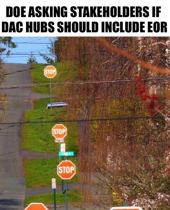 A residential street lined with a long row of stop signs, under the heading "DOE asking stakeholders if DAC hubs should include EOR".