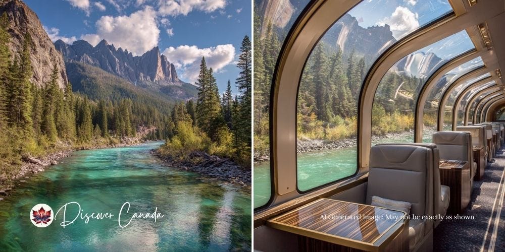 Rocky Mountaineer GoldLeaf train car with panoramic windows and mountain scenery.