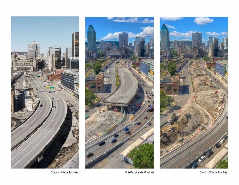 3 images showing the process of removing the highway in Montreal. 3 images showing the process of removing the highway in Montreal.