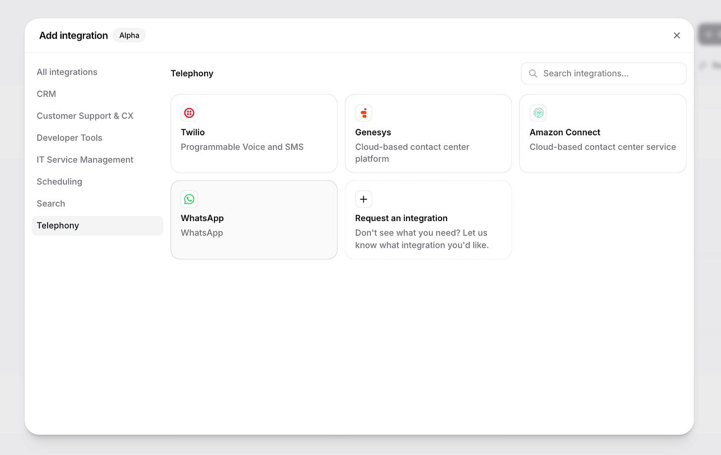 ElevenAgents Add integration modal showing the Telephony category with Twilio, Genesys, Amazon Connect, and WhatsApp options. ElevenAgents Add integration modal showing the Telephony category with Twilio, Genesys, Amazon Connect, and WhatsApp options.