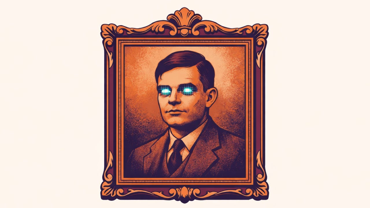 Editorial illustration of a classical portrait in an ornate gilded frame. The subject wears a suit and tie in warm terracotta tones. The eyes glow bright blue, disrupting the otherwise traditional painting. Editorial illustration of a classical portrait in an ornate gilded frame. The subject wears a suit and tie in warm terracotta tones. The eyes glow bright blue, disrupting the otherwise traditional painting.