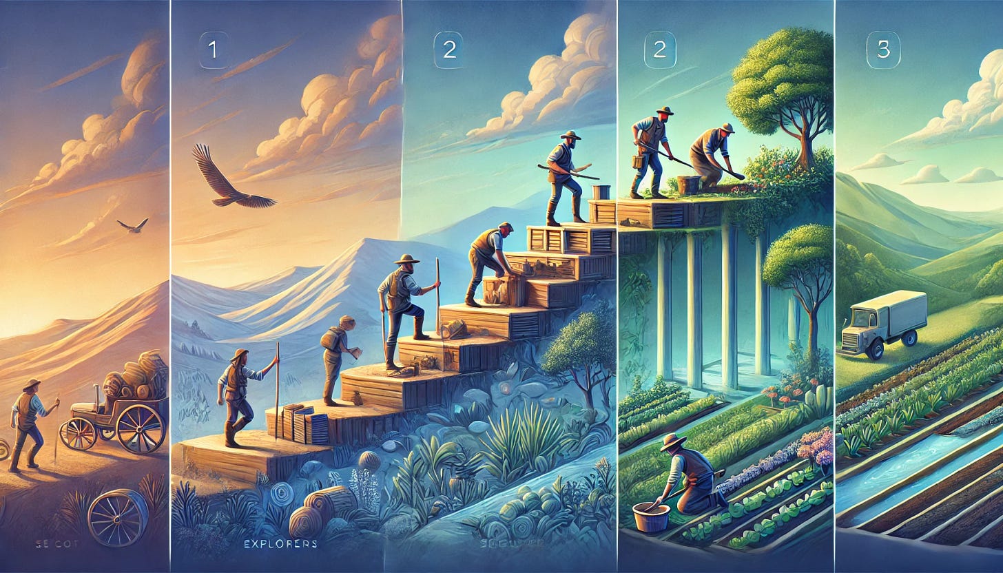 A conceptual illustration symbolizing the evolution of a startup through three peaceful, metaphorical stages. The first stage features explorers enthusiastically venturing into an unknown landscape, filled with possibilities and creativity. The second stage illustrates diligent builders constructing a stable, structured foundation, symbolizing disciplined growth and scalability. The final stage shows attentive gardeners nurturing and maintaining a lush, vibrant garden, representing sustainable stability and careful management. Use gentle transitions, soft gradients, and a calming palette of blues, greens, and subtle warm accents to create a harmonious visual flow across the stages.