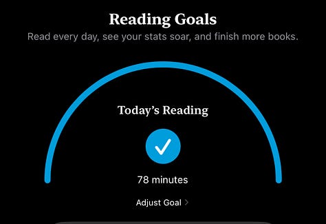 screenshots of the Apple Books app showing the amount of reading I've done each day