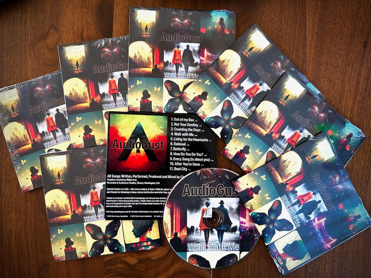 A tasteful arrangement of "Walk With Me" CDs