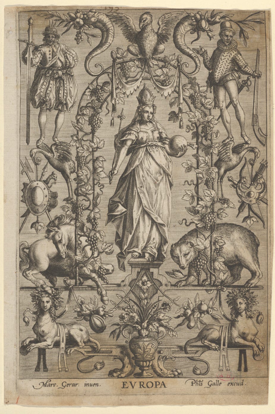 A sepia engraving from the late sixteenth century. From the Met’s description: “In this engraving, Europe is shown dressed as a queen wearing a crown and carrying a scepter and orb of the world. She is placed beneath a cloth of honor and framed by two fashionably dressed soldiers. Beside her are panoplies of arms–likely the spoils of war—and animals long associated with the continent: a fierce bear, a noble horse, and the eagle of empire.” A sepia engraving from the late sixteenth century. From the Met’s description: “In this engraving, Europe is shown dressed as a queen wearing a crown and carrying a scepter and orb of the world. She is placed beneath a cloth of honor and framed by two fashionably dressed soldiers. Beside her are panoplies of arms–likely the spoils of war—and animals long associated with the continent: a fierce bear, a noble horse, and the eagle of empire.”