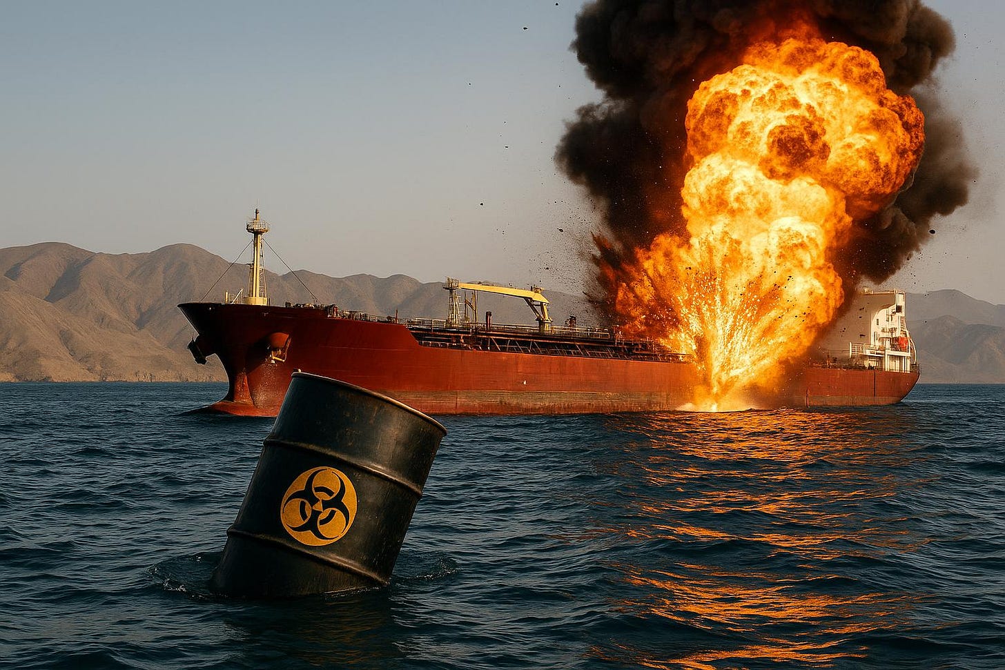 Oil Tanker Explosion in Strait of Hormuz with Biohazard Barrel Oil Tanker Explosion in Strait of Hormuz with Biohazard Barrel