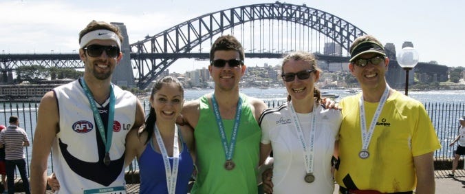 the five of us after finishing the race. Three half marathoners and two marathoners the five of us after finishing the race. Three half marathoners and two marathoners