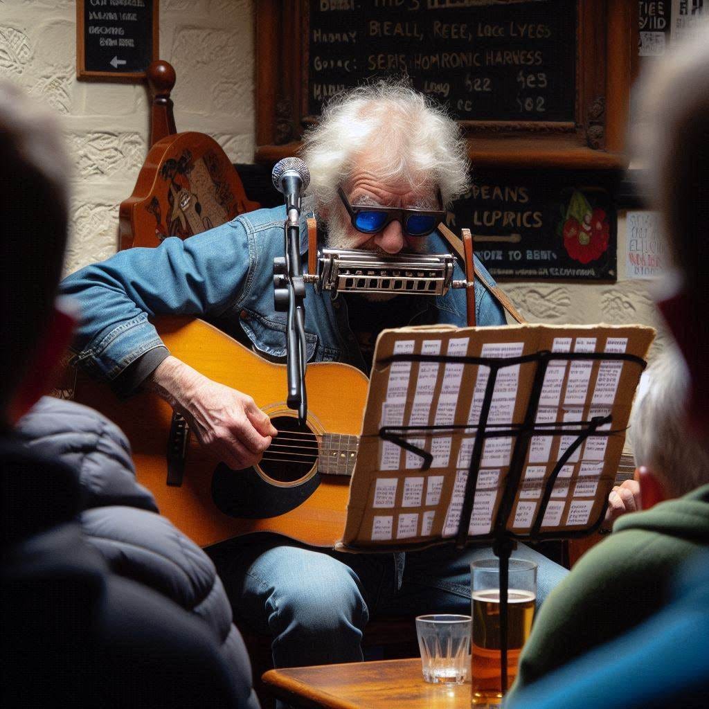 View over the heads of a small audience in a pub, at a straggly white-haired elderly, myopic male folk singer, on stage, performing with a guitar and a harmonica harness. There is a music stand in front of him which has a large sgeet of card taped to it. He is squinting to read the lyrics printed on the side of the card facing him.