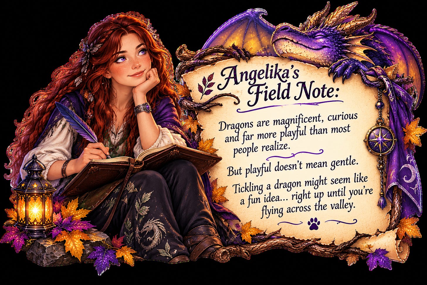 Angelika's Field Note - Dragons are magnificent but tickling one is dangerous. Angelika's Field Note - Dragons are magnificent but tickling one is dangerous.