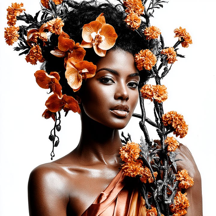 A beautiful black woman surrounded by orange flowers in different art styles.