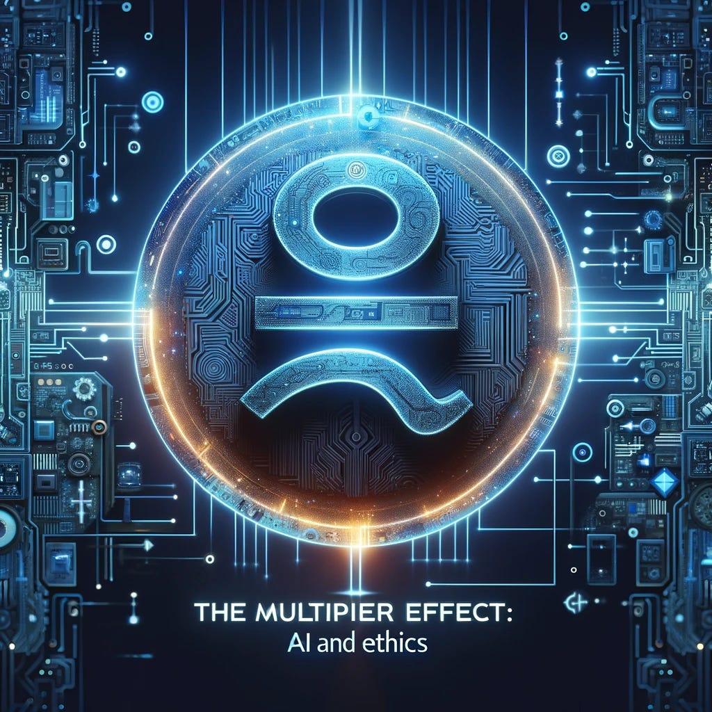 Create a visual representation that embodies 'The Multiplier Effect: AI and Ethics' focusing on imagery alone and incorporating the Greek symbol for ethics, Εθικά (Ethika). Blend this symbol with elements representing Artificial Intelligence, such as circuitry, digital landscapes, or algorithmic patterns, to illustrate the deep integration of ethical principles in the development and application of AI technologies. The image should convey the importance of grounding AI innovation in ethical considerations, symbolizing the commitment to responsible progress and the enhancement of societal well-being through technology.