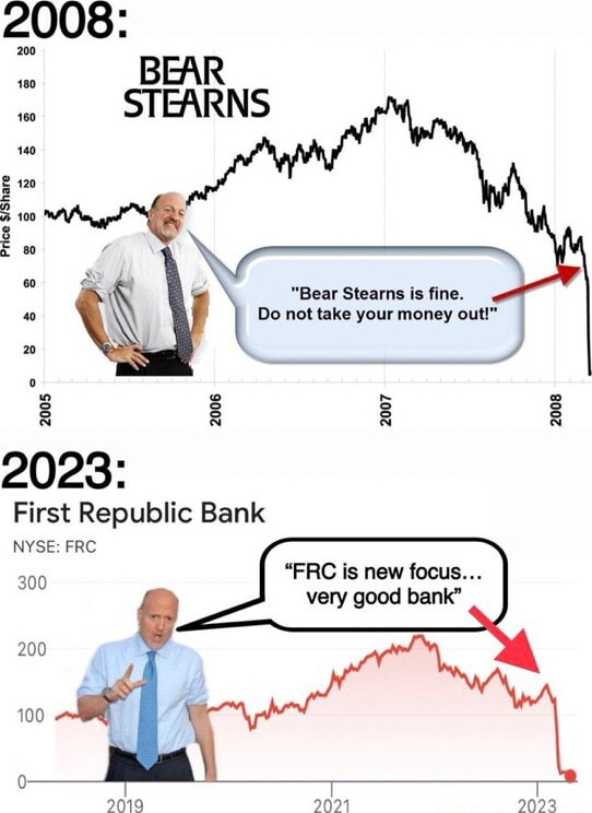 BEAR STEARNS "Bear Stearns is fine. Do not take your money out!" 2023:  First Republic Bank 200 100 NYSE FRC 300 "FRC Is new focus... very good  bank" 9019 9023 - iFunny