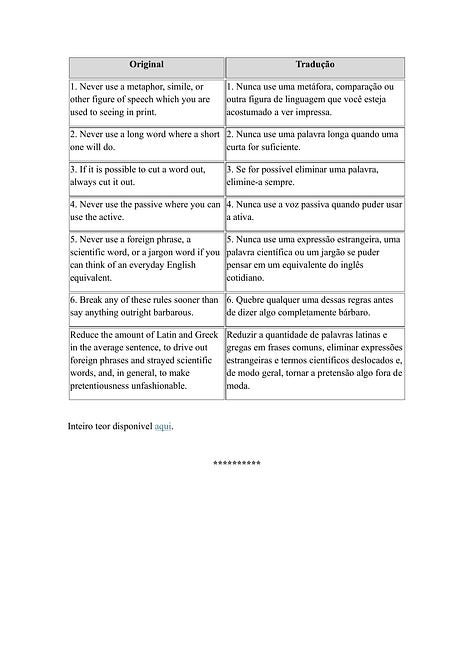 ALT: Tabela com trechos do ensaio “Politics and the English Language”, de George Orwell, destacando críticas à linguagem política vazia e regras práticas para escrever de forma clara e objetiva. Conteúdo adaptado para aplicação na escrita jurídica.