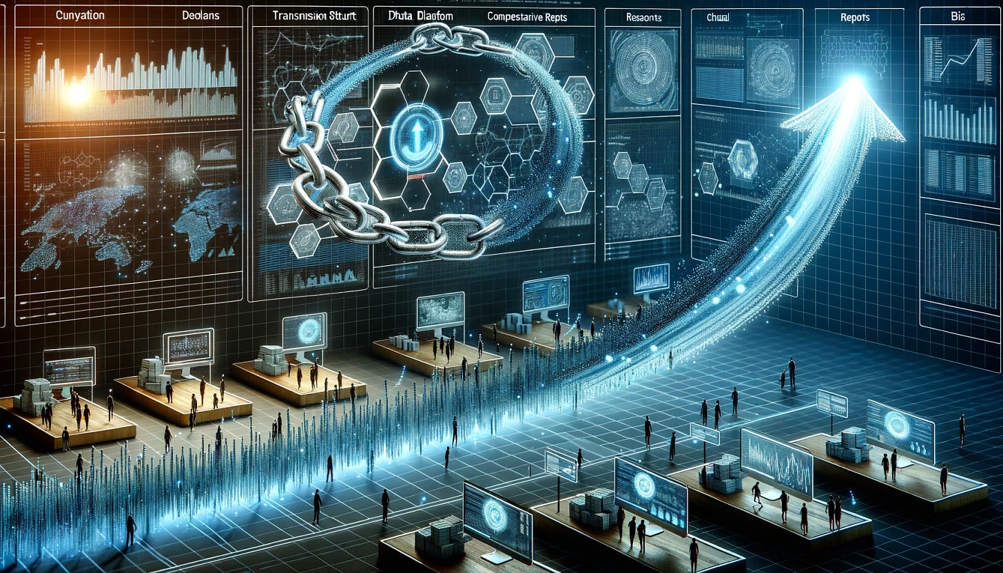 Photo of a dynamic visualization showing chain data flowing from a sleek data platform to a cutting-edge web 3 project. As the data progresses, it transforms into comprehensive research reports that depict intricate web3 transaction structures and trading strategies. The scene is digitally enhanced to showcase the transformation of raw data into actionable insights. The reports have diagrams, graphs, and visual representations that highlight the depth and complexity of the web3 ecosystem. Ensure all spelling in the image is correct. Photo of a dynamic visualization showing chain data flowing from a sleek data platform to a cutting-edge web 3 project. As the data progresses, it transforms into comprehensive research reports that depict intricate web3 transaction structures and trading strategies. The scene is digitally enhanced to showcase the transformation of raw data into actionable insights. The reports have diagrams, graphs, and visual representations that highlight the depth and complexity of the web3 ecosystem. Ensure all spelling in the image is correct.
