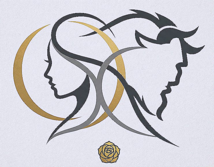 A Janus-like figure illustrating Beauty and the Beast