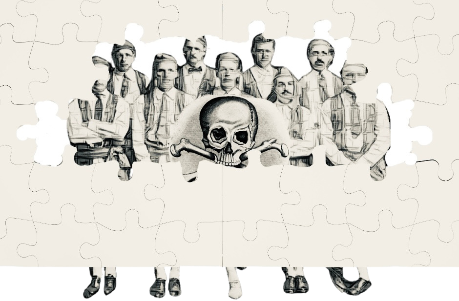 Wiffenpoofs and skull and bones symbol in a jigsaw frame