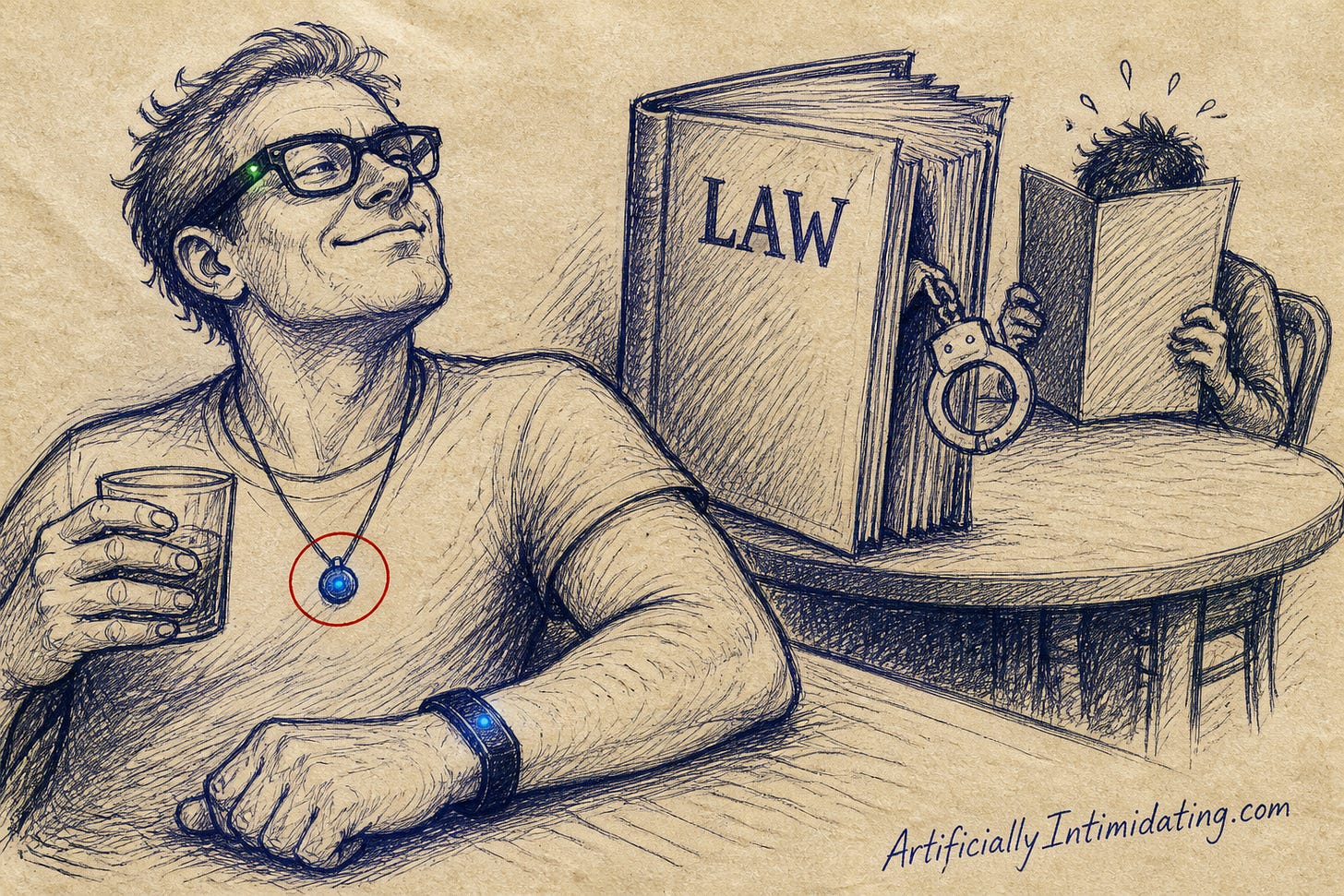 A smiling man at a bar wears glowing smart glasses, a pendant and a wristband while a bystander hides behind a menu next to a giant law book with handcuffs peeking out.