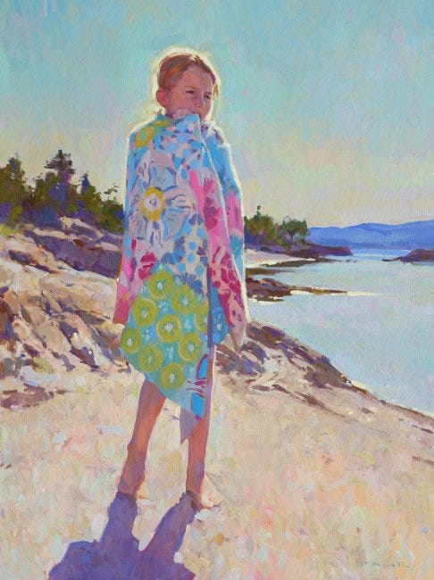 A child standing on a beach with a blanket

Description automatically generated