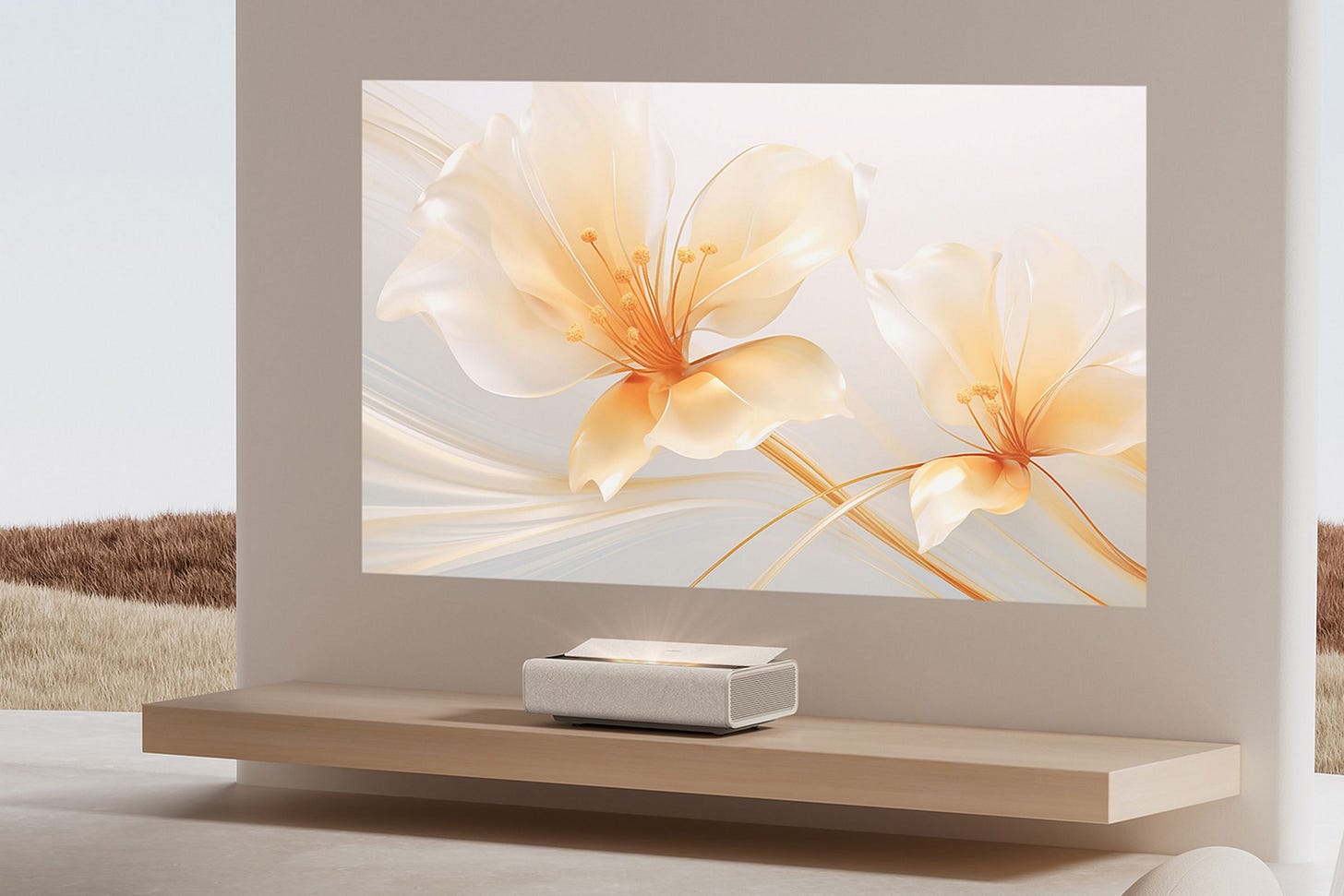 The Xgimi Aura 2 short throw projector displaying an image of flowers on a wall. The Xgimi Aura 2 short throw projector displaying an image of flowers on a wall.