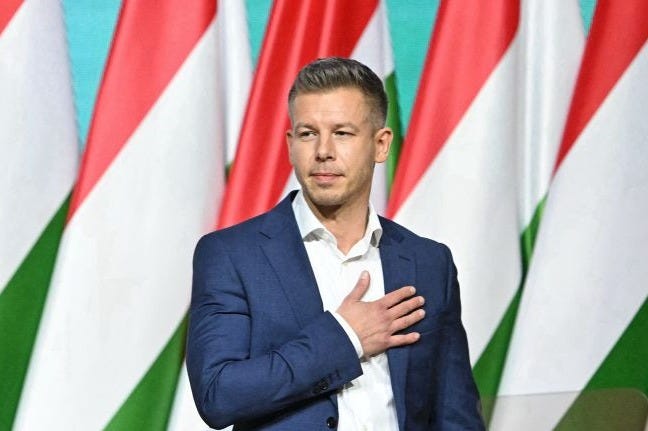 Hungarian lawyer, former government insider and opposition leader Péter Magyar gestures as he delivers a speech during the congress of 'TISZA' (Respect and Freedom) party in Hungexpo Trade and Congress center Budapest on February 15, 2025. Hungarian lawyer, former government insider and opposition leader Péter Magyar gestures as he delivers a speech during the congress of 'TISZA' (Respect and Freedom) party in Hungexpo Trade and Congress center Budapest on February 15, 2025.