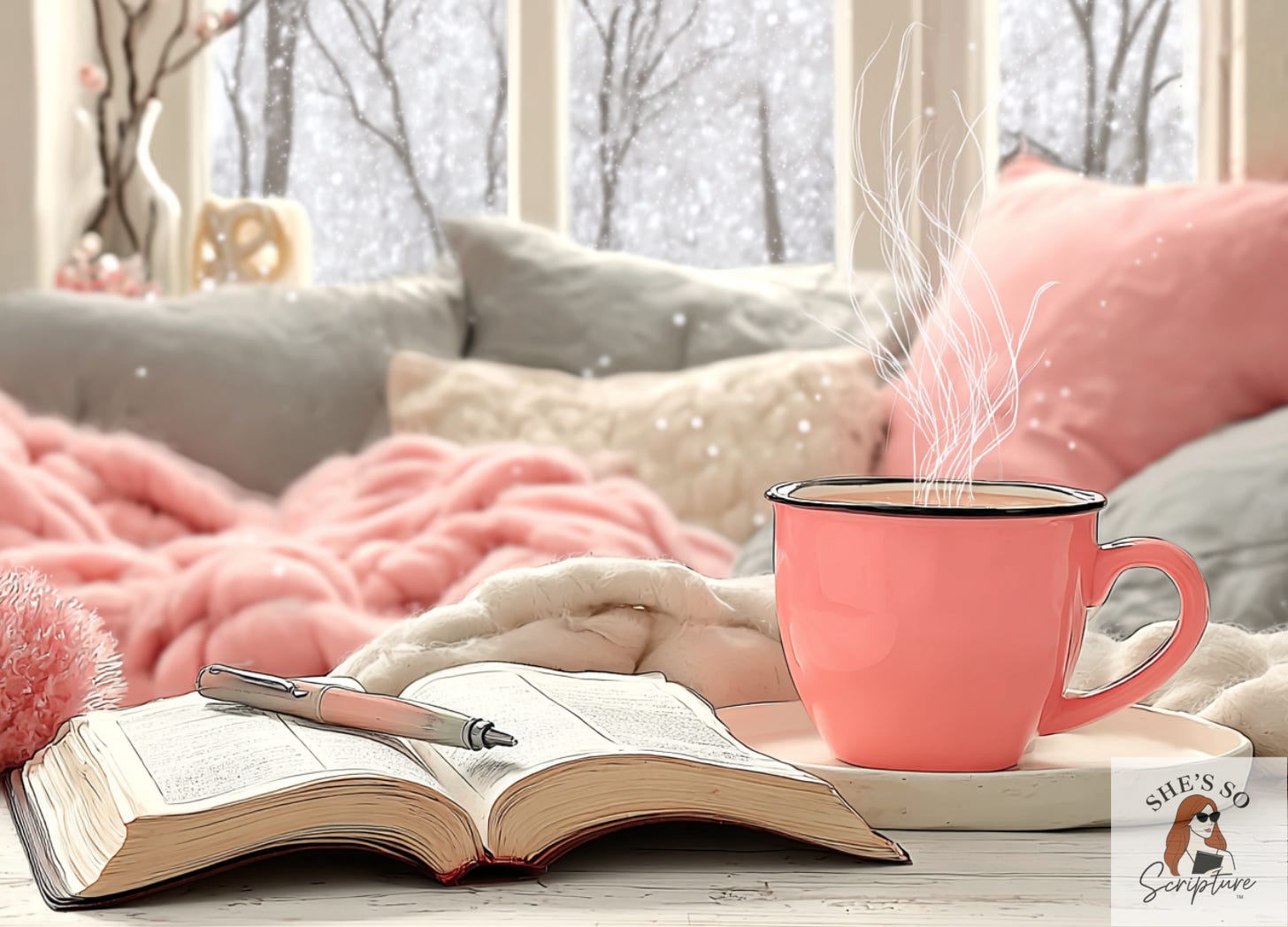 A Bible open on a white bed beside a steaming mug of coffee, soft natural light creating a calm and reflective morning devotional scene.