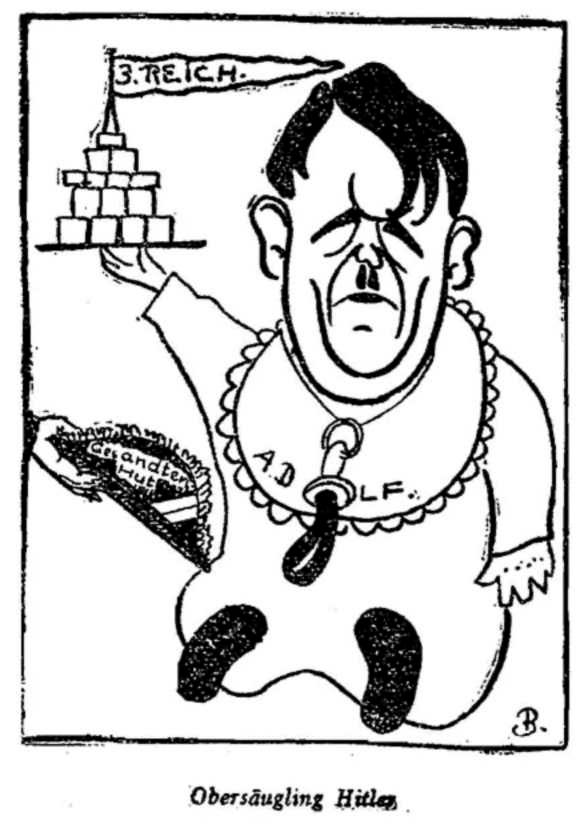 Hitler in baby clothes holding a pile of blocks called "Third Reich"