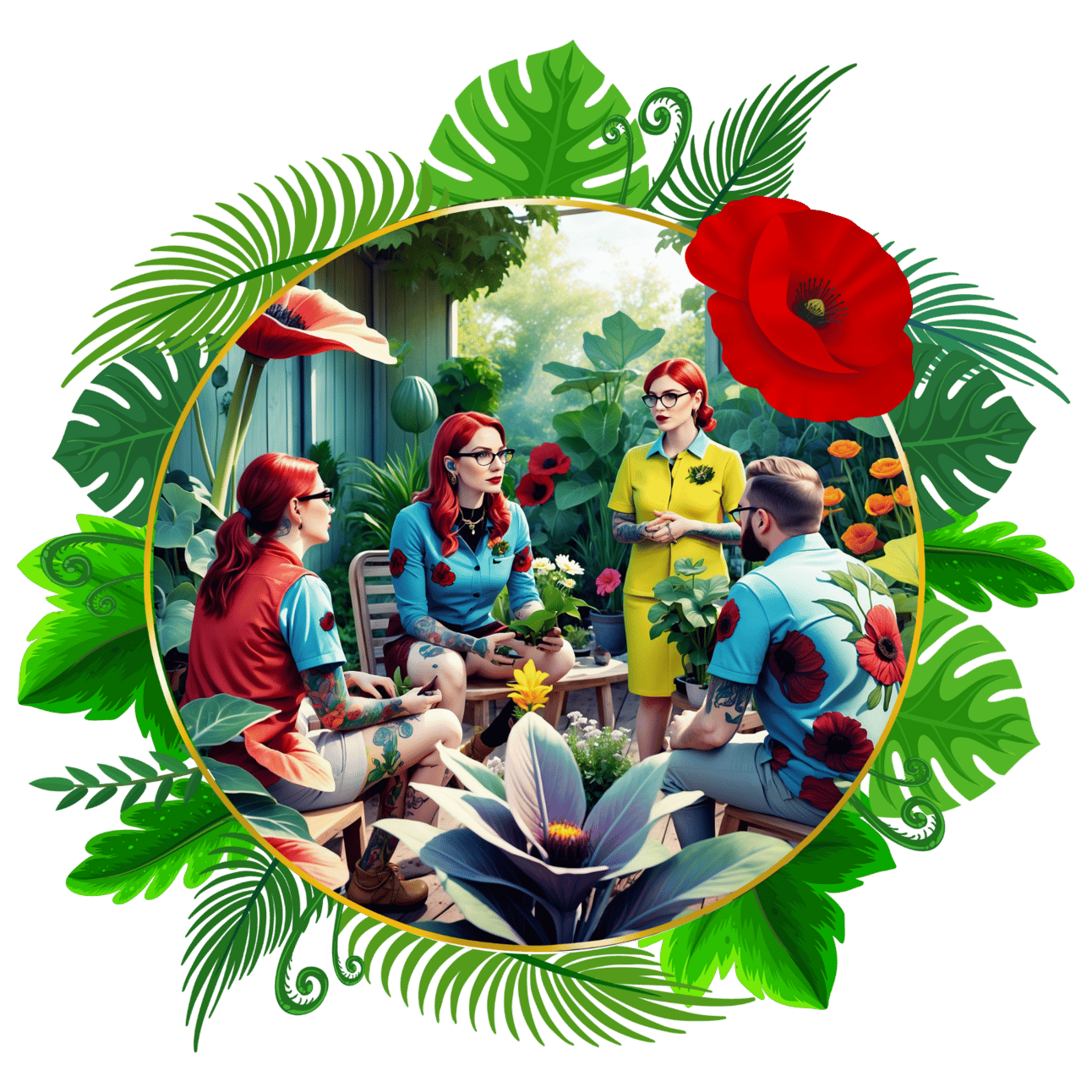 An image of a smart woman in her greenhouse, there are red poppies around her and she has red hair that frames her face 