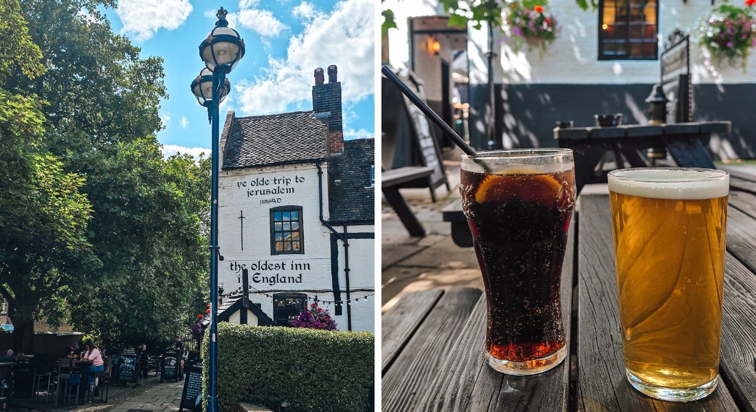 Two pictures of the Ye Olde Trip to Jerusalem pub - one of the black and white exterior and one of two drinks on a table Two pictures of the Ye Olde Trip to Jerusalem pub - one of the black and white exterior and one of two drinks on a table