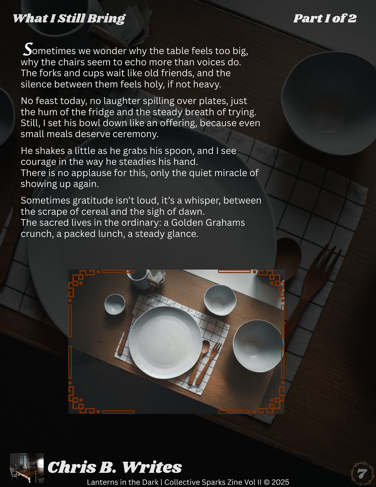 Overhead view of a mostly empty dining table with white plates, bowls, cutlery, and a folded cloth, arranged neatly with ample space between settings in low, muted light.