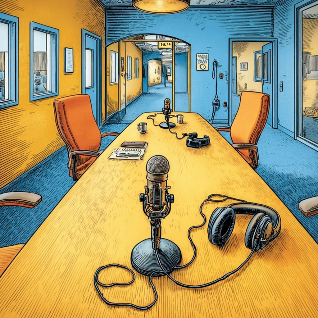 A quiet podcast recording studio with microphones and headphones sits empty around a long table. The polished setup reflects the standardized environments of modern media production.