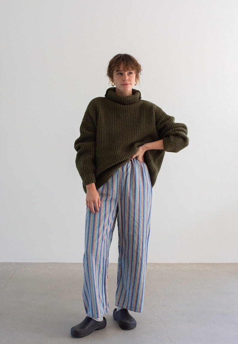 Vintage 26-36 Waist Stripe Flannel Drawstring Easy Pant Blue Red White High Waist Holiday Cotton Pajama Pants FL049 image 1