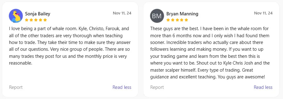 Testimonials from Whale Room members highlighting successful crypto trading experiences