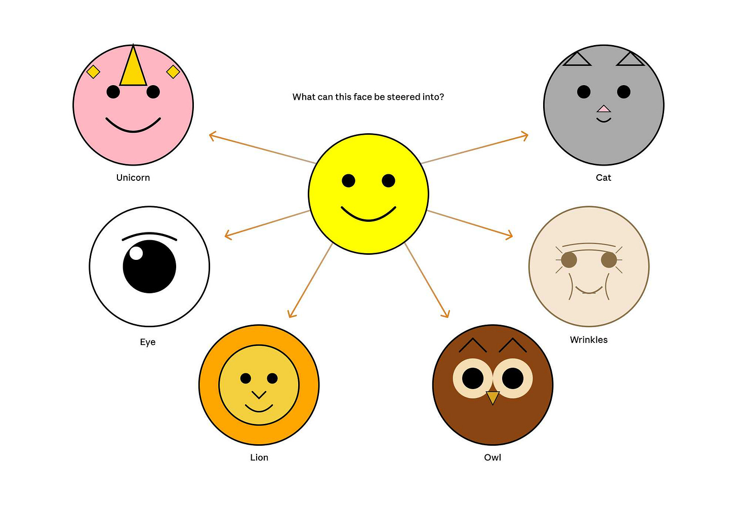Diagram showing a yellow smiley face in the center with bidirectional arrows connecting to six different circular faces arranged around it, with text above asking "What can this face be steered into?" The surrounding faces are labeled clockwise from top left: "Unicorn" (pink circle with yellow triangle horn and diamond earrings), "Cat" (gray circle with triangular ears and small nose), "Wrinkles" (beige circle with eyelashes and wrinkle lines), "Owl" (brown circle with large round eyes and small beak), "Lion" (orange circle with yellow inner face), and "Eye" (white circle with large black pupil and highlight Diagram showing a yellow smiley face in the center with bidirectional arrows connecting to six different circular faces arranged around it, with text above asking "What can this face be steered into?" The surrounding faces are labeled clockwise from top left: "Unicorn" (pink circle with yellow triangle horn and diamond earrings), "Cat" (gray circle with triangular ears and small nose), "Wrinkles" (beige circle with eyelashes and wrinkle lines), "Owl" (brown circle with large round eyes and small beak), "Lion" (orange circle with yellow inner face), and "Eye" (white circle with large black pupil and highlight