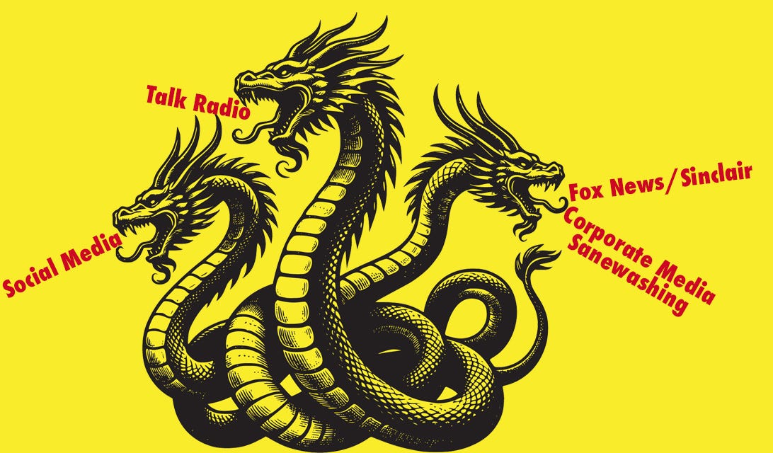 Illustration of hydra emitting the three main parts of the monster as described in the listed components later in the essay's text: social media, talk radio, and Fox news and sanewashing by corporate media
