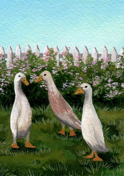 Painting 1: 3 Runner Ducks in a garden, Painting 2: Magnolia Tree in bloom, Painting 3: Easter basket with dyed eggs