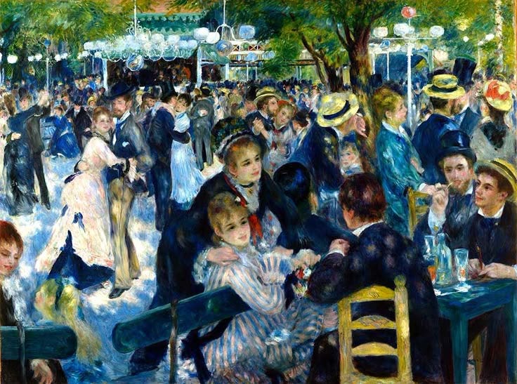 This may contain: a painting of people sitting at tables in a park