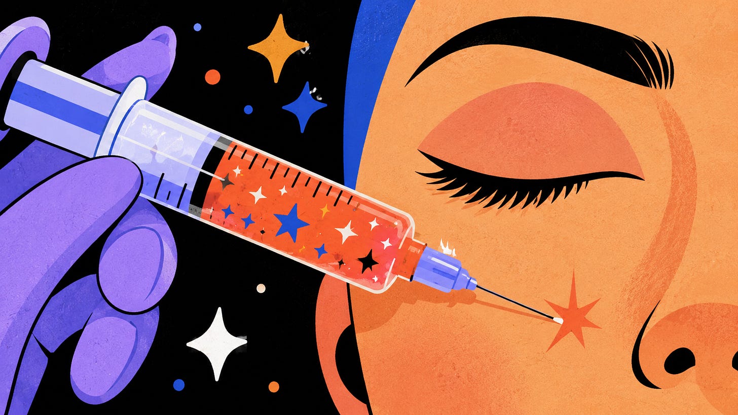 A flat illustration of a close-up face with eyes closed, a gloved hand holding an oversized syringe filled with stars and sparkles, needle pointed at the cheek. Dark navy background with floating geometric shapes in coral, indigo, and gold.
