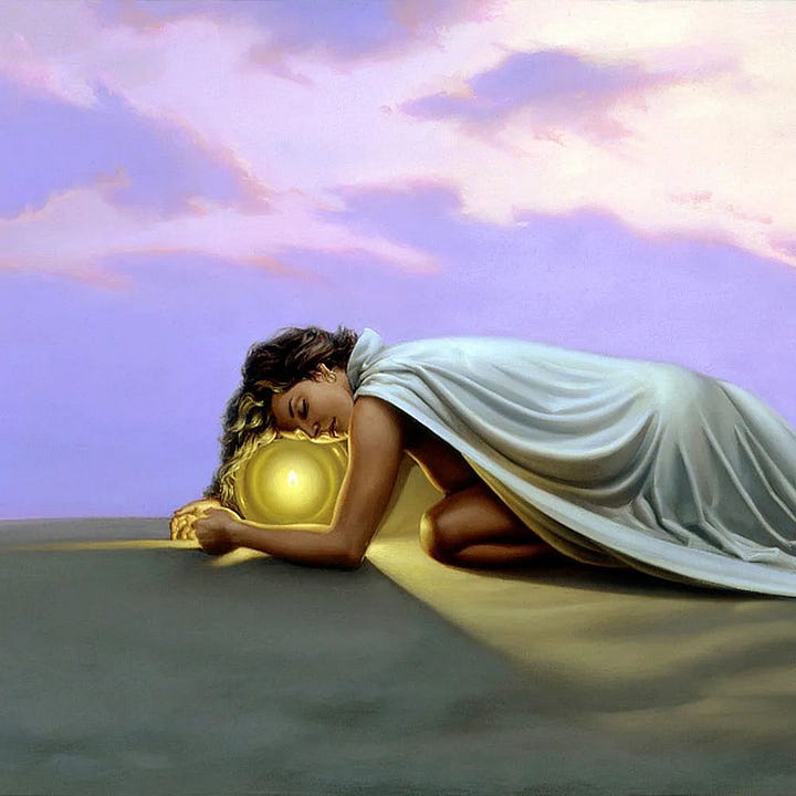 LEFT: Detail from THE LEAVETAKING featuring a transparent orb glowing yellow from within. A woman on all fours and covered in a sheet rests her head on the sphere with her arms cradling it. Her long hair falls over the orb. The fabric over her drapes back to expose the forward position of her knee and her breast.  RIGHT: Detail from THE LEAVETAKING featuring the rippled white silk fabric over sand. The contour of the woman’s calf and heal are apparent beneath. The sky is tinted lavender and so is the smooth water that recedes to the horizon.