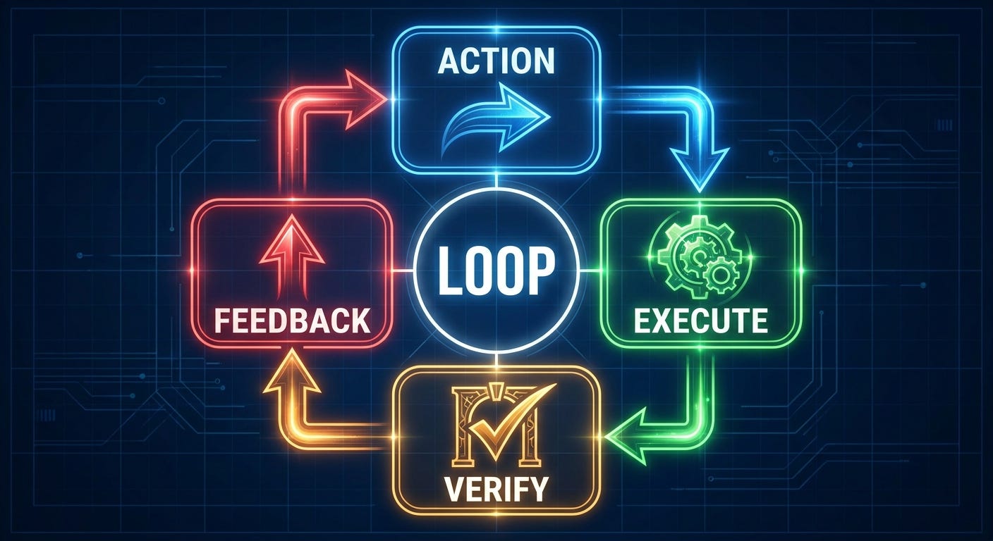 Four-stage AI agent feedback loop cycle: Action, Execute, Verify, and Feedback nodes connected by directional arrows in a continuous cycle Four-stage AI agent feedback loop cycle: Action, Execute, Verify, and Feedback nodes connected by directional arrows in a continuous cycle