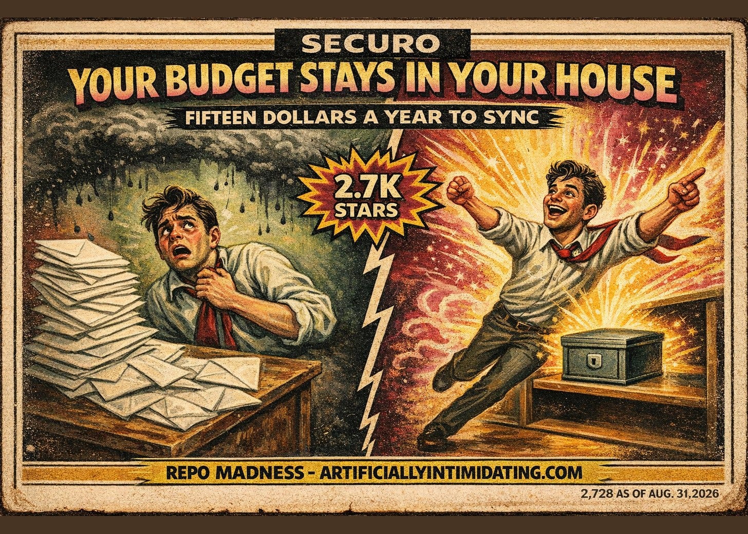 Two-panel poster. Left: a man recoils from a toppling stack of blank renewal envelopes. Right: the same man leaps beside a small plain strongbox on a shelf. Lettering: SECURO, YOUR BUDGET STAYS IN YOUR HOUSE, 2.7K STARS.